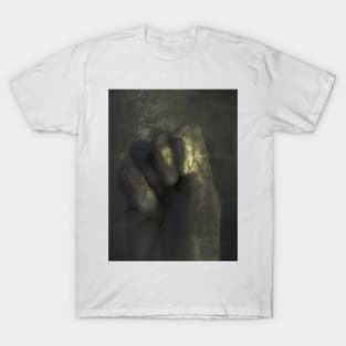 Digital collage and special processing. Clenched palm. Calm and soft. Like some fog, medieval. Like gold or bronze. T-Shirt